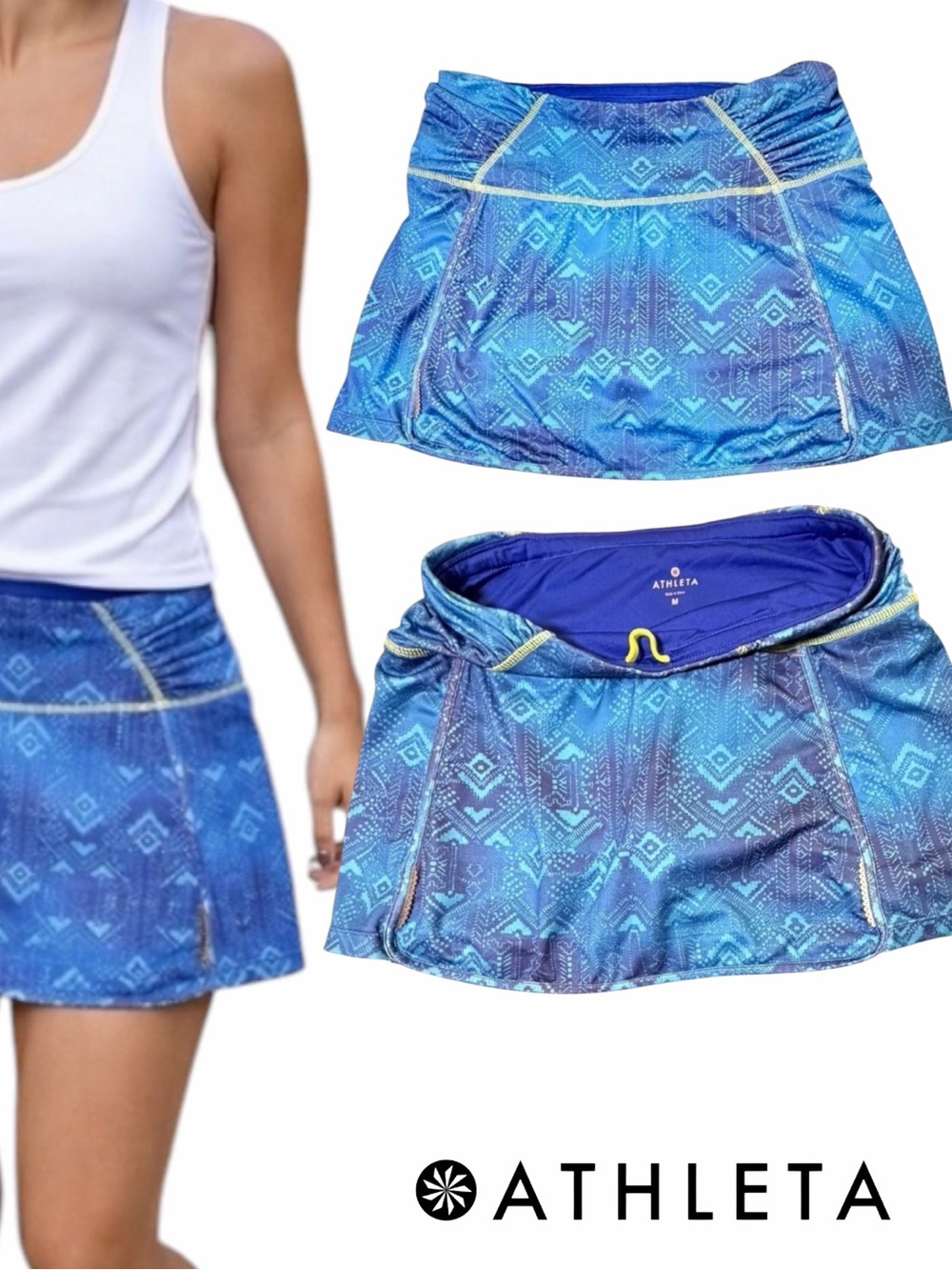 Athleta Geometric Print Performance Skort Built In Shorts‎ Blue Green Womens M